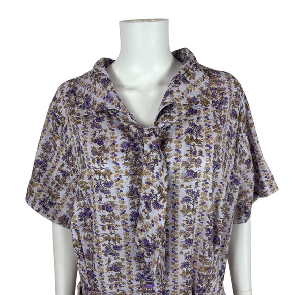 Vintage 60s Toile Dress Womens 2X Purple Novelty Print Belted Volup Necktie Shir - Picture 4 of 14